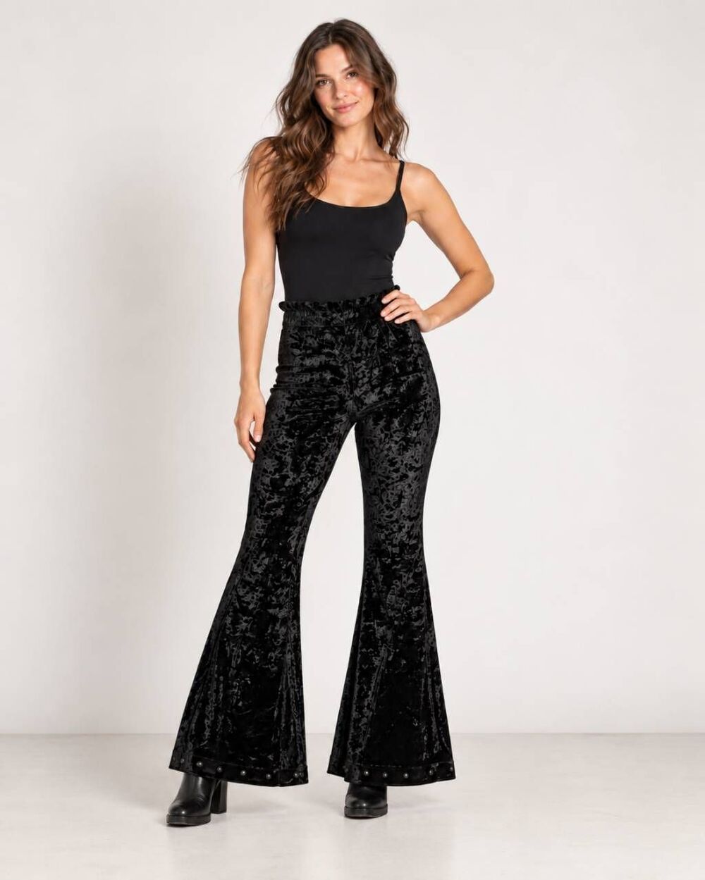 Silverado Lainey Black Crushed Velvet Bell Bottom Pants Studded Hem S USA